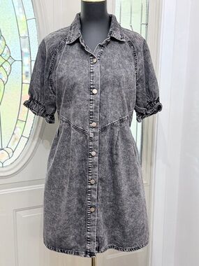 Washed Black Button-Front Short Sleeve Dress